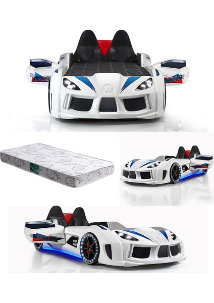 Audi Kapıları Açılabilen Full Ledli Koltuklu Arabalı Yatak,Beyaz + 1 Adet Comfort Yatak