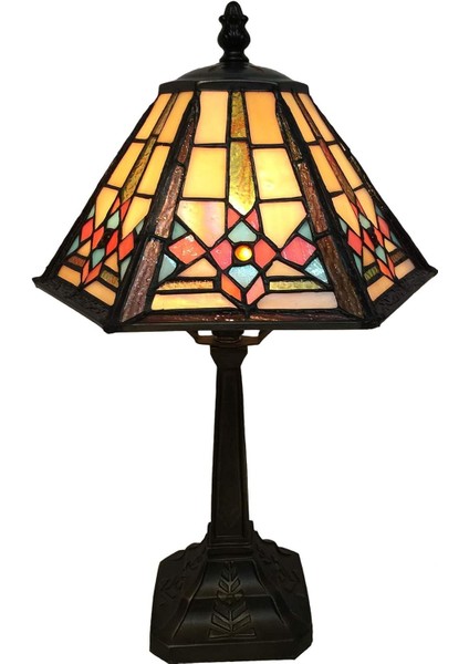 Masa Lambası Tiffany Vitray Gece Lambası, Altıgen Koni Abajurlu, 10" G x 16" Y