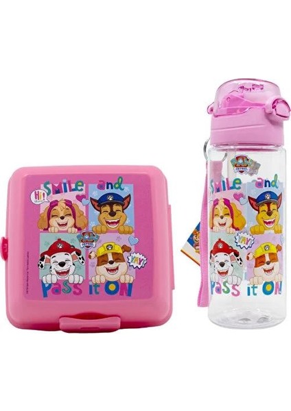 Pembe Paw Petrol Şeffaf Matara 500ML + Paw Petrol Beslenme Kabı - Lisanslı Paw Petrol Pipetli Matara