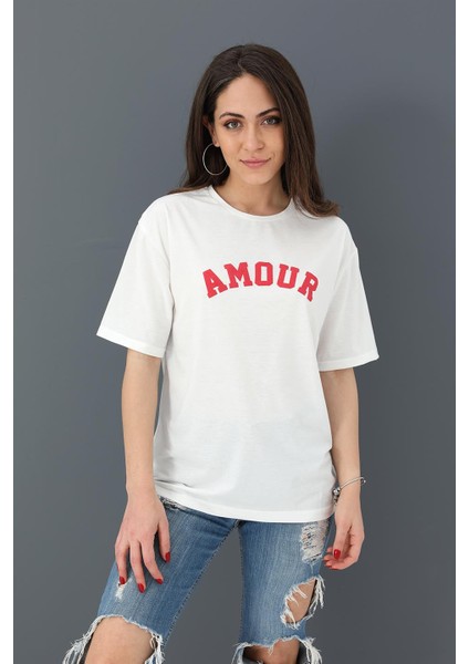 T-Shirt Bisiklet Yaka Amour Baskılı - Kırmızı