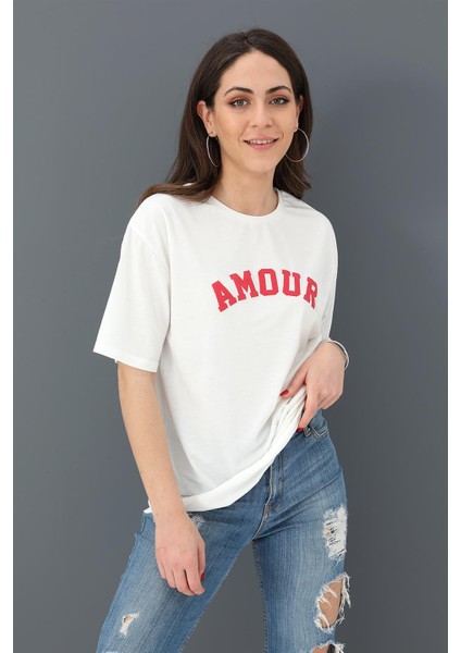 T-Shirt Bisiklet Yaka Amour Baskılı - Kırmızı