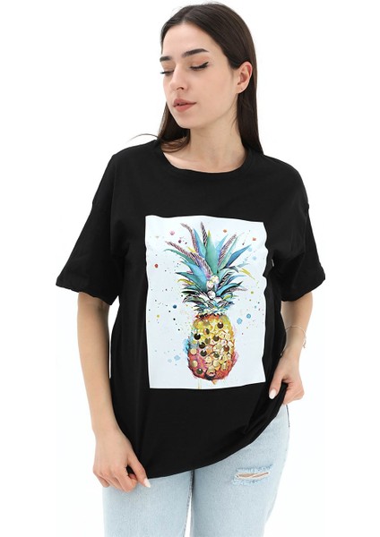 Bisiklet Yaka Ananas Baskılı Süprem T-Shirt - Siyah