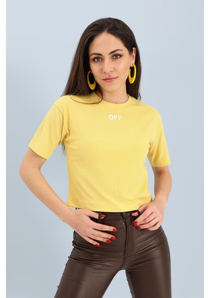 Tshirt Crop Bisiklet Yaka Off Yazılı - Sarı