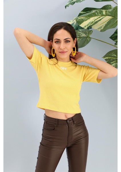 Tshirt Crop Bisiklet Yaka Off Yazılı - Sarı