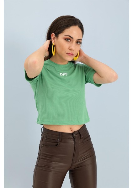 Tshirt Crop Bisiklet Yaka Off Yazılı - Yeşil