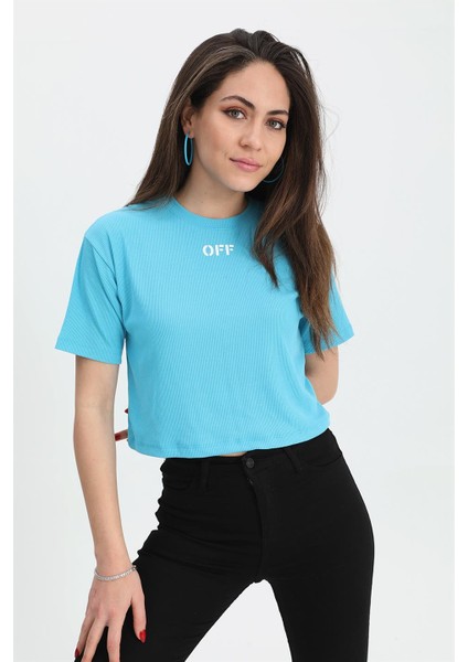 Tshirt Crop Bisiklet Yaka Off Yazılı - Mavi