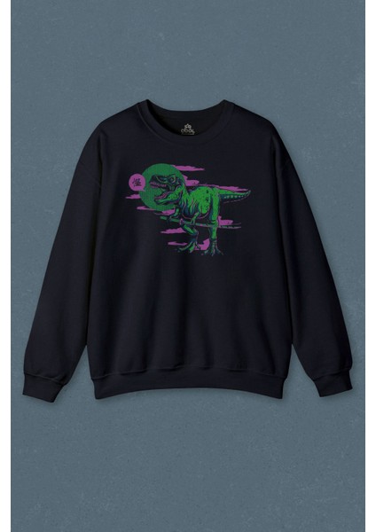 Lacivert Sweatshirt Dinazor Dinosaurs T-Rex Streetwear Sokak Urban Baskılı Unisex Sweat