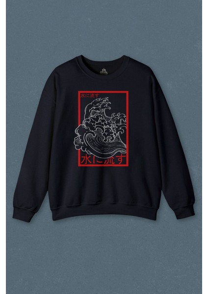 Lacivert Sweatshirt Japanese Wind Wave Japon Rüzgar 2k Street Culture Baskılı Sweat
