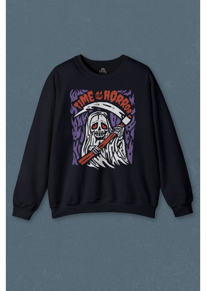 Lacivert Sweatshirt Horror Minimal Funny Kara Komik Korku Urban Baskılı Unisex Sweat