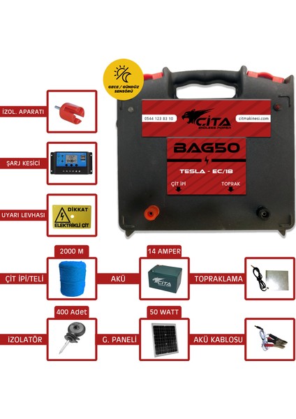 Çita - 50 Dönüm Için Güneş Panelli ve Akülü Hazır Elektrikli Çit Makinesi Seti