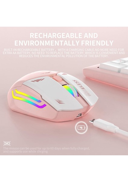 Pembe Rgb Şarjlı Kablosuz 1600DPI Işıklı Kablosuz Mouse Bwm1