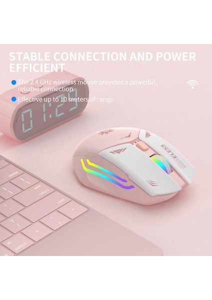 Pembe Rgb Şarjlı Kablosuz 1600DPI Işıklı Kablosuz Mouse Bwm1