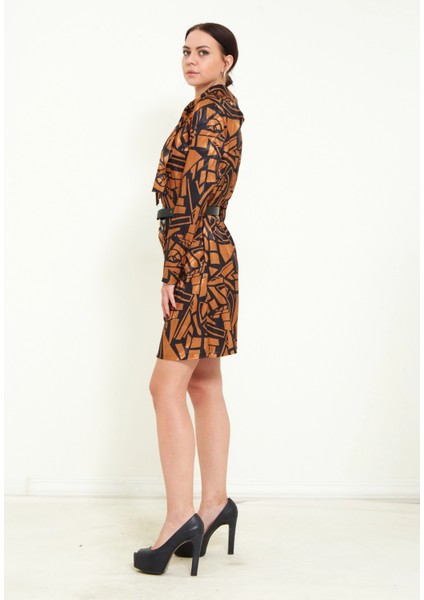 Kadın Dijital Desen Baskı Detaylı Kemerli Şal Yaka Şık Mini Elbise fiyatları