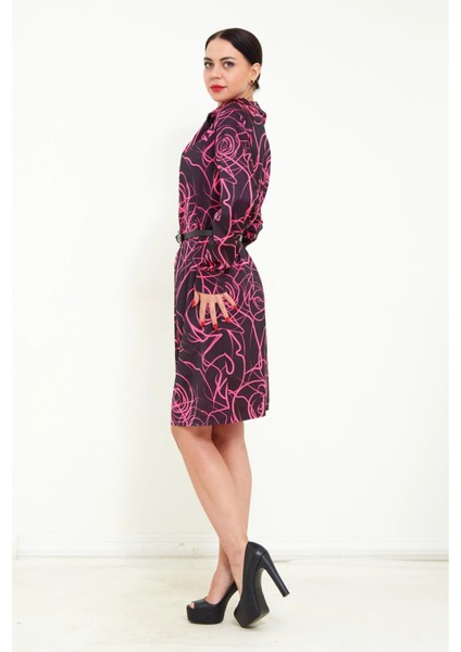 Kadın Dijital Desen Baskı Detaylı Kemerli Şal Yaka Şık Uzun Kolu Mini Elbise