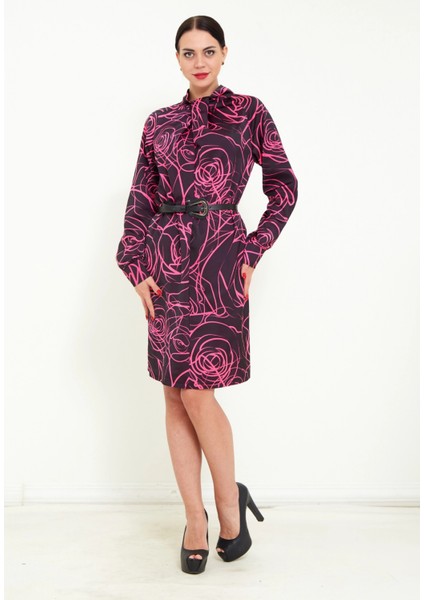 Kadın Dijital Desen Baskı Detaylı Kemerli Şal Yaka Şık Uzun Kolu Mini Elbise fiyatları