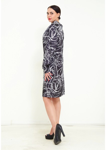Kadın Dijital Desen Baskı Detaylı Kemerli Şal Yaka Şık Uzun Kolu Mini Elbise fiyatları