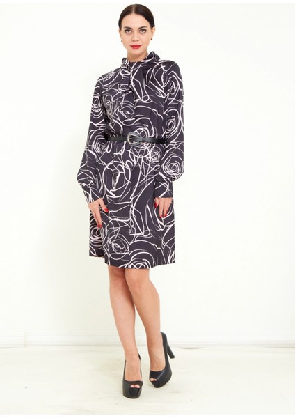 Kadın Dijital Desen Baskı Detaylı Kemerli Şal Yaka Şık Uzun Kolu Mini Elbise