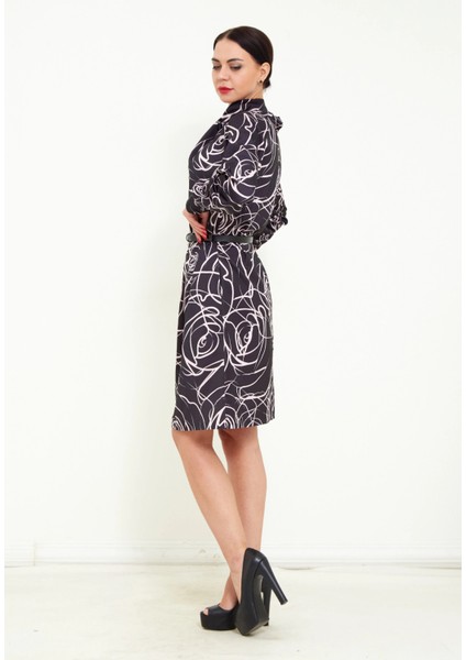 Kadın Dijital Desen Baskı Detaylı Kemerli Şal Yaka Şık Uzun Kolu Mini Elbise fiyatları