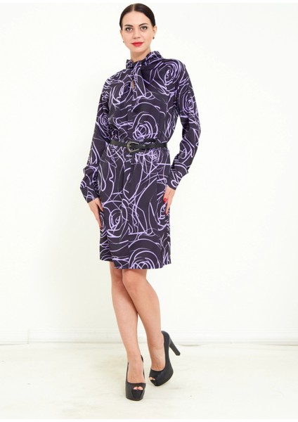 Kadın Dijital Desen Baskı Detaylı Kemerli Şal Yaka Şık Uzun Kolu Mini Elbise