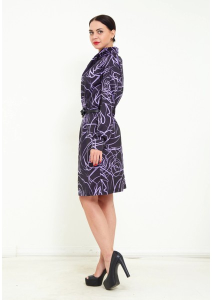 Kadın Dijital Desen Baskı Detaylı Kemerli Şal Yaka Şık Uzun Kolu Mini Elbise fiyatları