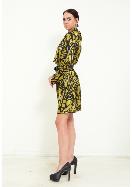 Kadın Dijital Desen Baskı Detaylı Kemerli Şal Yaka Şık Mini Elbise modelleri