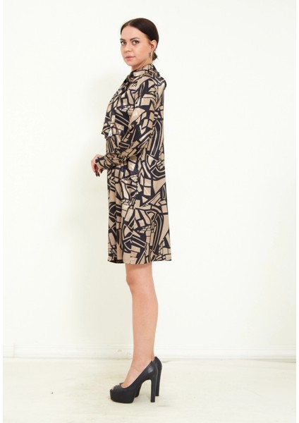 Kadın Dijital Desen Baskı Detaylı Kemerli Şal Yaka Şık Mini Elbise fiyatları