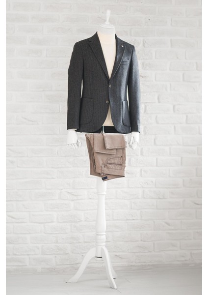 Slimfit Torba Cep Çizgili Mono Yaka Astarsız Çift Yırtmaç Likralı Kışlık Erkek Tek Ceket