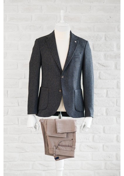 Slimfit Torba Cep Çizgili Mono Yaka Astarsız Çift Yırtmaç Likralı Kışlık Erkek Tek Ceket fiyatları