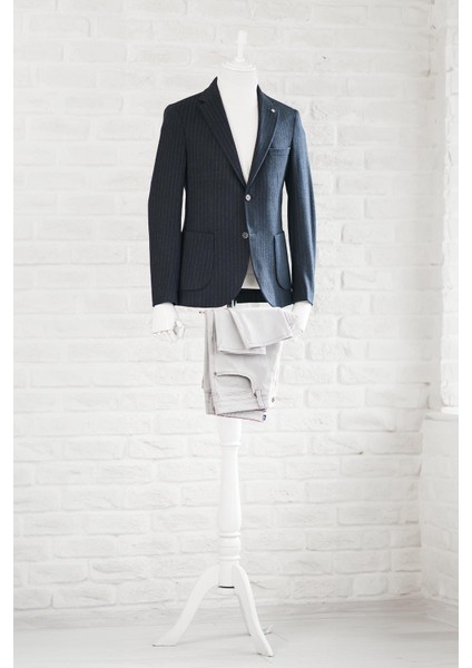 Slimfit Torba Cep Çizgili Mono Yaka Astarsız Çift Yırtmaç Likralı Kışlık Erkek Tek Ceket