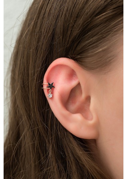 925 Ayar Siyah Taşlı Yıldız Kıkırdak Gümüş Küpe Rose Altın