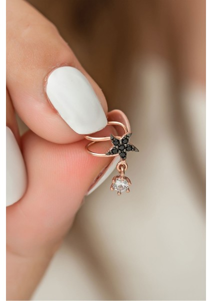 925 Ayar Siyah Taşlı Yıldız Kıkırdak Gümüş Küpe Rose Altın fiyatları