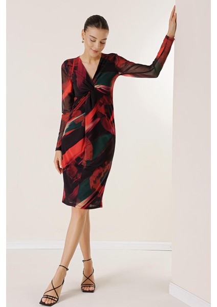 Önü Düğüm Detaylı Astarlı Desenli Tül Elbise