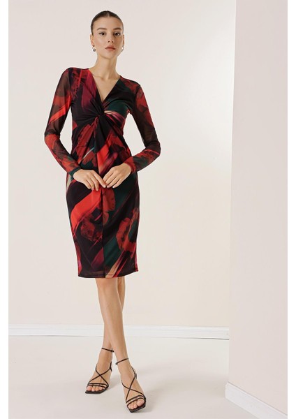 Önü Düğüm Detaylı Astarlı Desenli Tül Elbise fiyatları