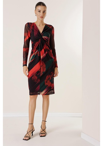 Önü Düğüm Detaylı Astarlı Desenli Tül Elbise modelleri