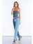 Mavi Yüksek Bel Çift Renk Detaylı Mom Jeans 2