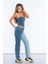 Mavi Yüksek Bel Çift Renk Detaylı Mom Jeans 3