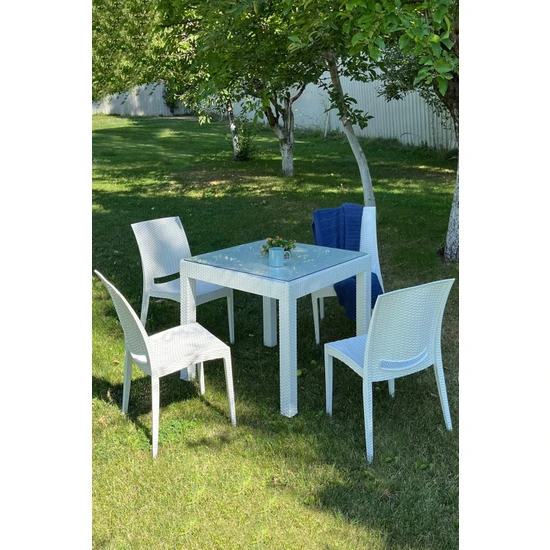 Mobetto Rattan Small Camlı Beyaz Masa Takımı Bahçe&balkon 1 Camlı Masa 4 Sandalye