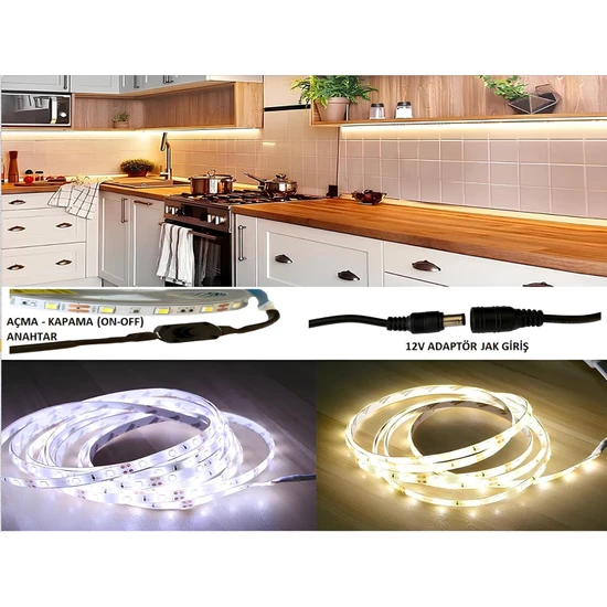 E-Tüccar Mutfak Dolabı Altı 3 Metre Gün Işığı Şerit LED 12V Adaptör Aç Kapa (On-Off) Anahtarlı