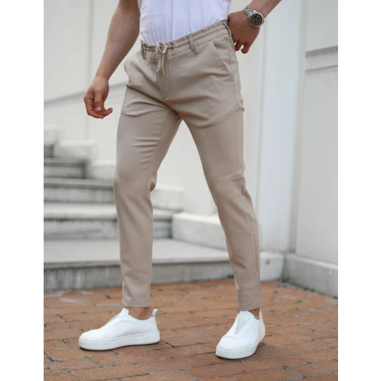 Jack Caprio Erkek Bej Renk Slım Fit Jogger Pantolon Renk Solması Yapmaz Yüksek Kalite Likralı
