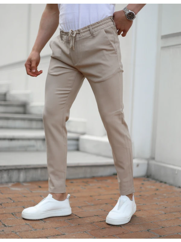 Jack Caprio Erkek Bej Renk Slım Fit Jogger Pantolon Renk Solması Yapmaz Yüksek Kalite Likralı