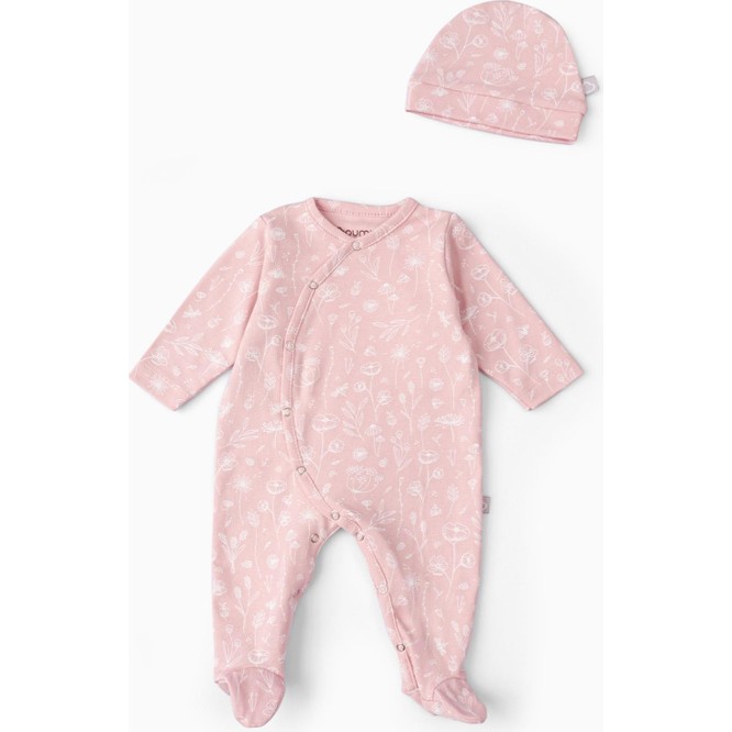 Boumini Bebek Patikli Tulum Şapka Set Bahar Çiçekli Pembe