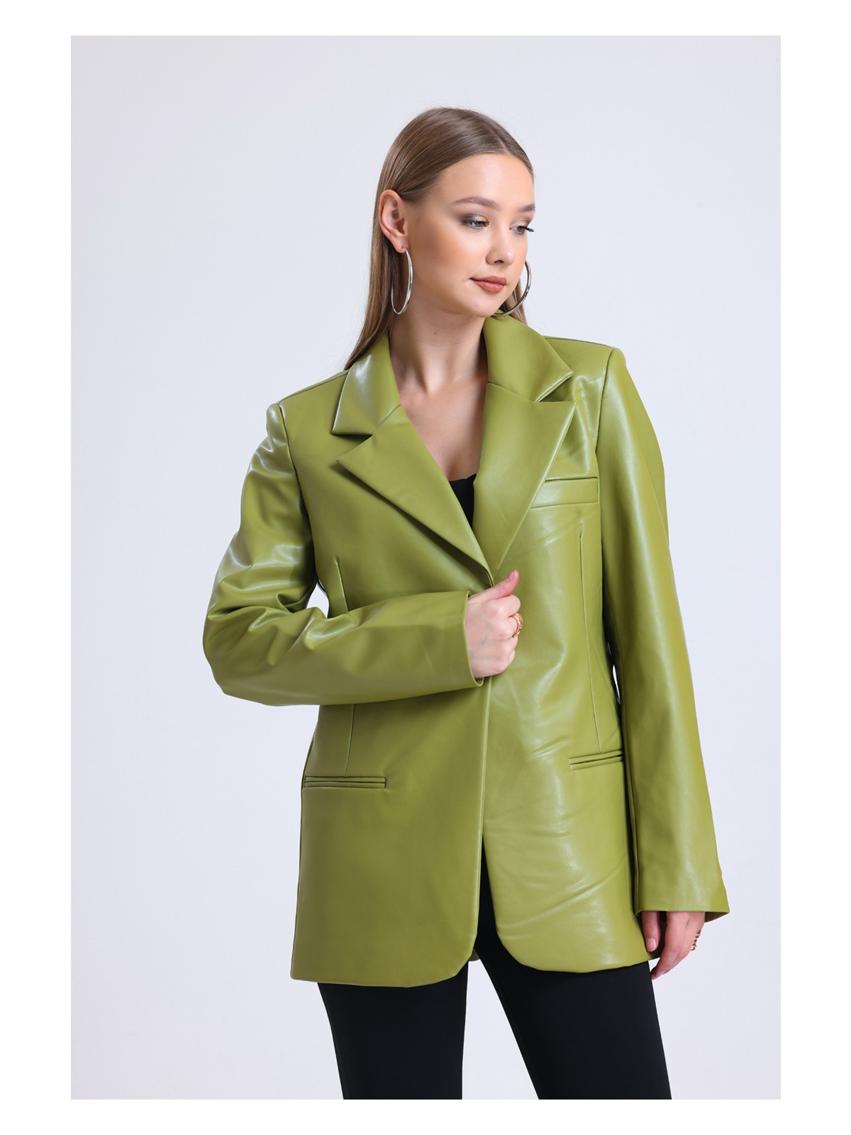 Sense Kadın Deri Büyük Beden Ceket Trend Tasarım Regular Kalıp Siyah Deri 36/S - Görsel 6