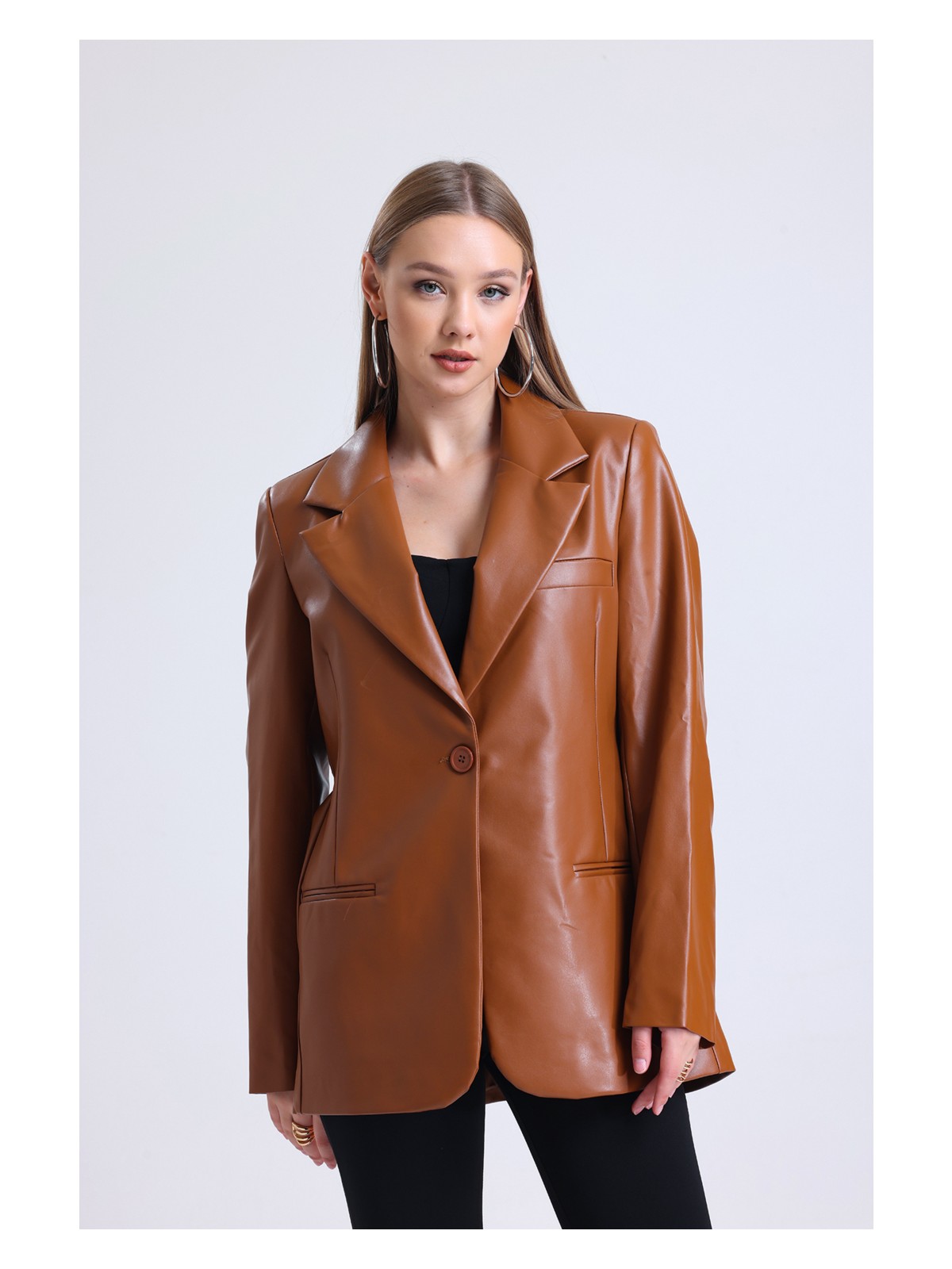 Sense Kadın Suni Deri Büyük Beden Deri Ceket | CKT33280 - Görsel 4