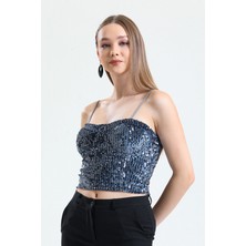 Sense Fermuarlı Payetli Kadife Bustiyer | BUS34034