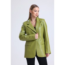 Sense Kadın Suni Deri Büyük Beden Deri Ceket | CKT33280 Yağ Yeşili