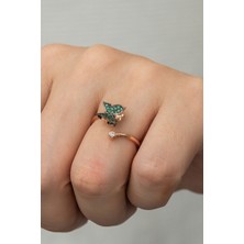 Sinsirella 925 Ayar Yeşil Taşlı Gümüş Kelebek Kadın Yüzük Rose Kaplama
