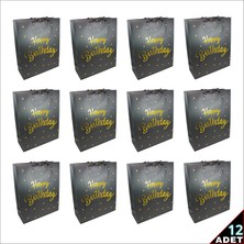 Süsle Bebek ve Parti Happy Birthday Siyah Karton Çanta, 32 x 26 x 10 cm - 12 Adet