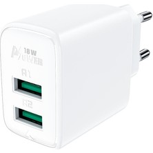 Acefast Duvar Şarj Çift Usb-A Çıkışlı 18W Telefon ve Tablet Şarj Başlık Fast Charge Wall Charger Dual Usb-A Şarj Kafa QC18W (2xusb-A) Eu A33