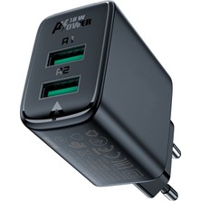 Acefast A33 18W Çift USB Çıkışlı QC 3.0 Hızlı Şarj Adaptörü Siyah (Android ve iOS Uyumlu)