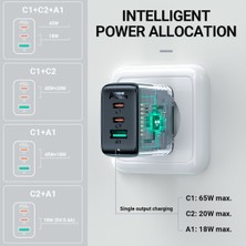 Acefast Duvar Şarj Cihazı Usb-C 65W + Usb-C 20W + Usb-A 18W Çıkış Fast Charge Wall Charger Type-C PD65W (2xusb-C+1xusb-A) Eu A13 Siyah Renk